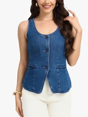 D Sun Women Sleeveless Denim Vest Button Down Scoop Neck Jean Waistcoat